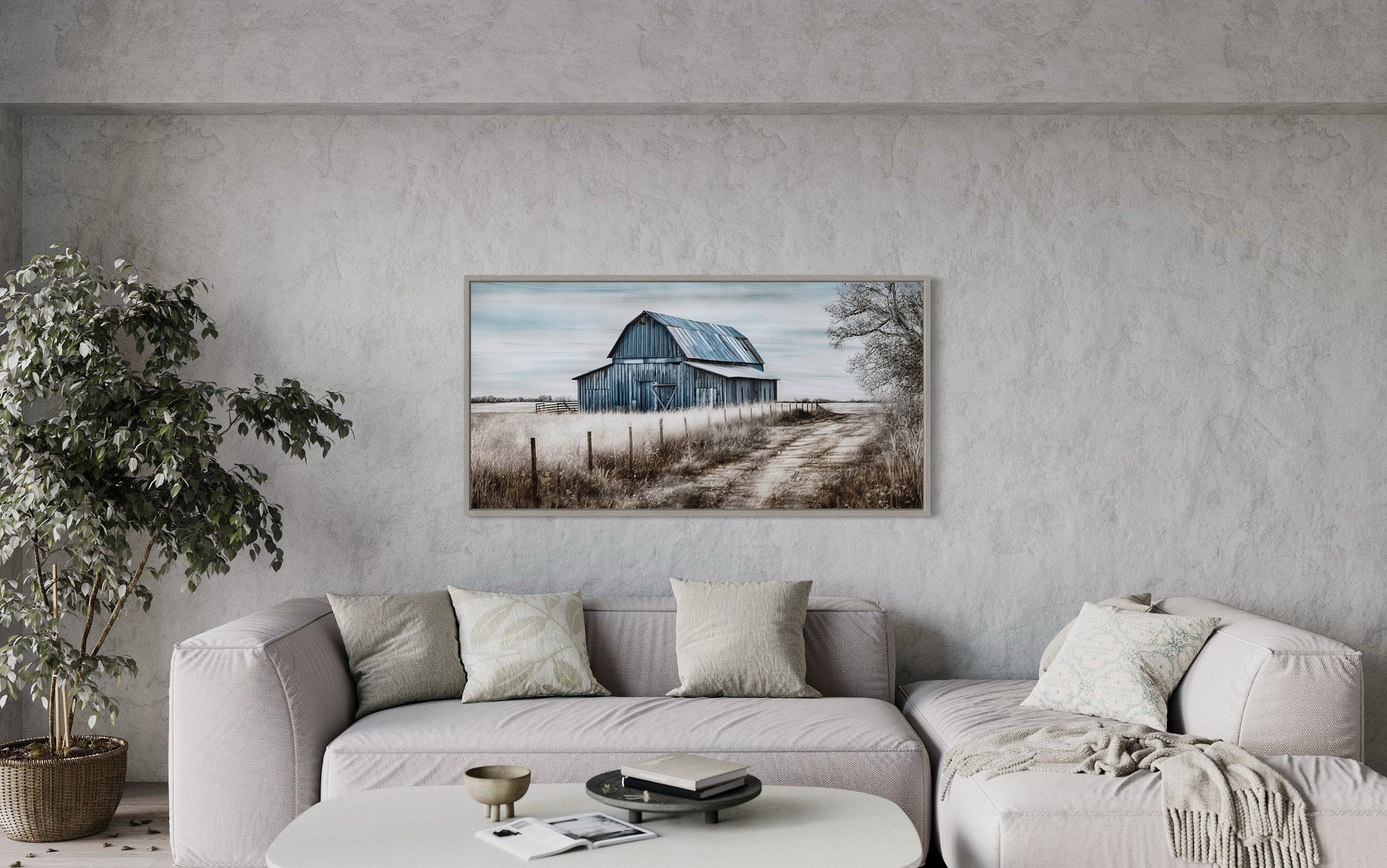 Rustic Barn Wall Art - Blue Barn Canvas Painting for Farmhouse Wall Decor