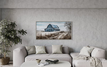 Rustic Barn Wall Art - Blue Barn Canvas Painting for Farmhouse Wall Decor