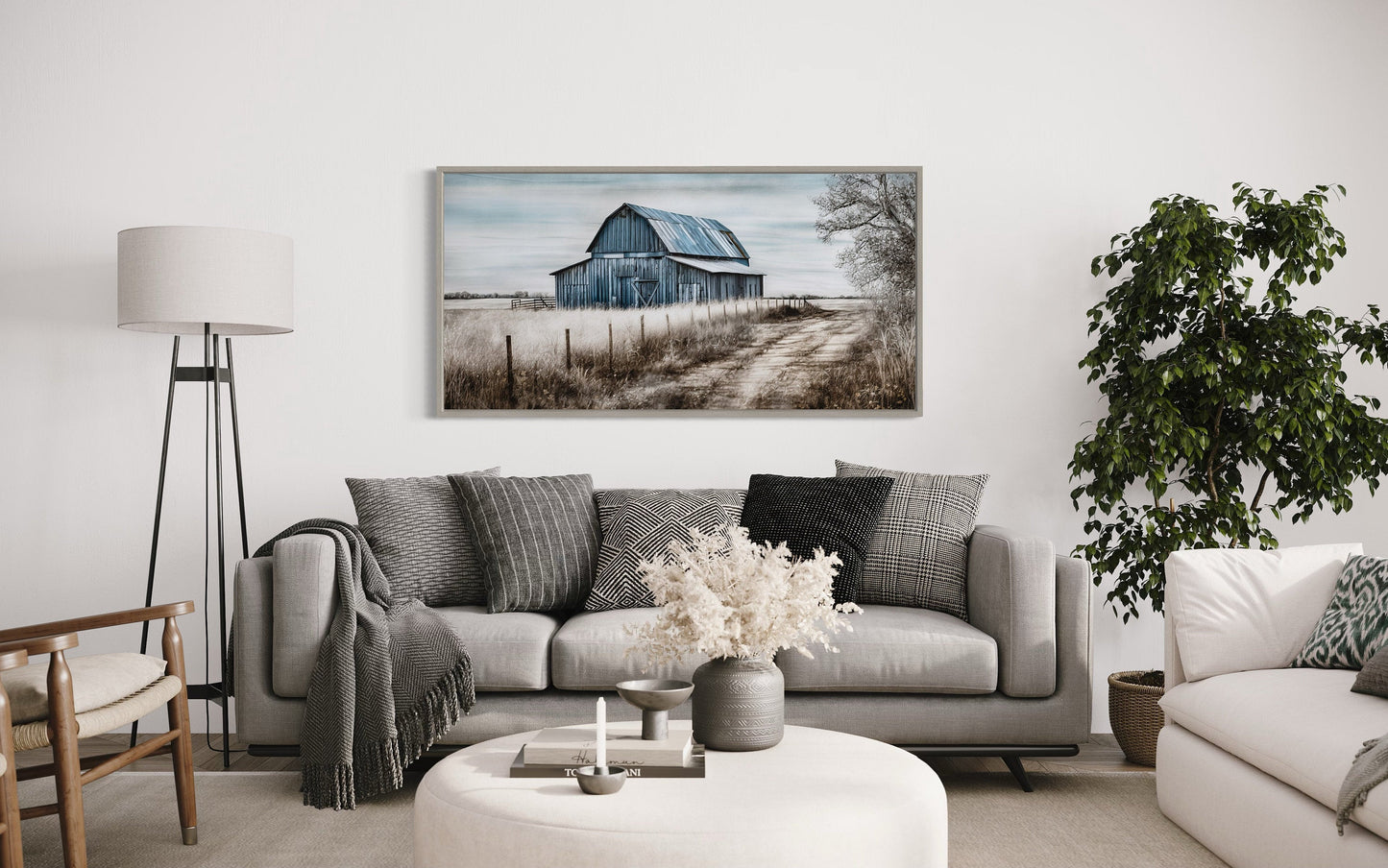 Rustic Barn Wall Art - Blue Barn Canvas Painting for Farmhouse Wall Decor