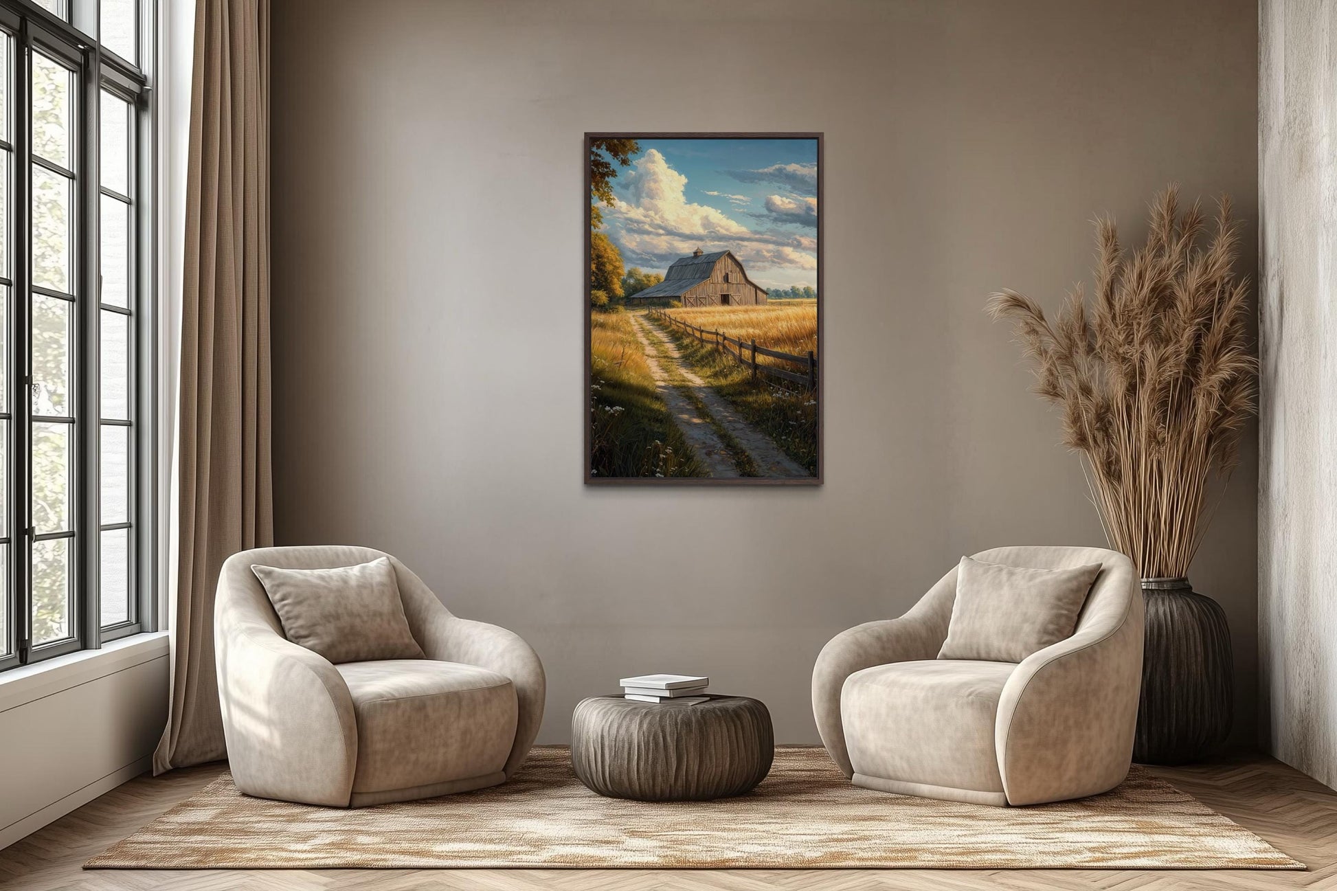 Rustic Barn Wall Art – Vertical Farmhouse Canvas Print with Golden Field Landscape
