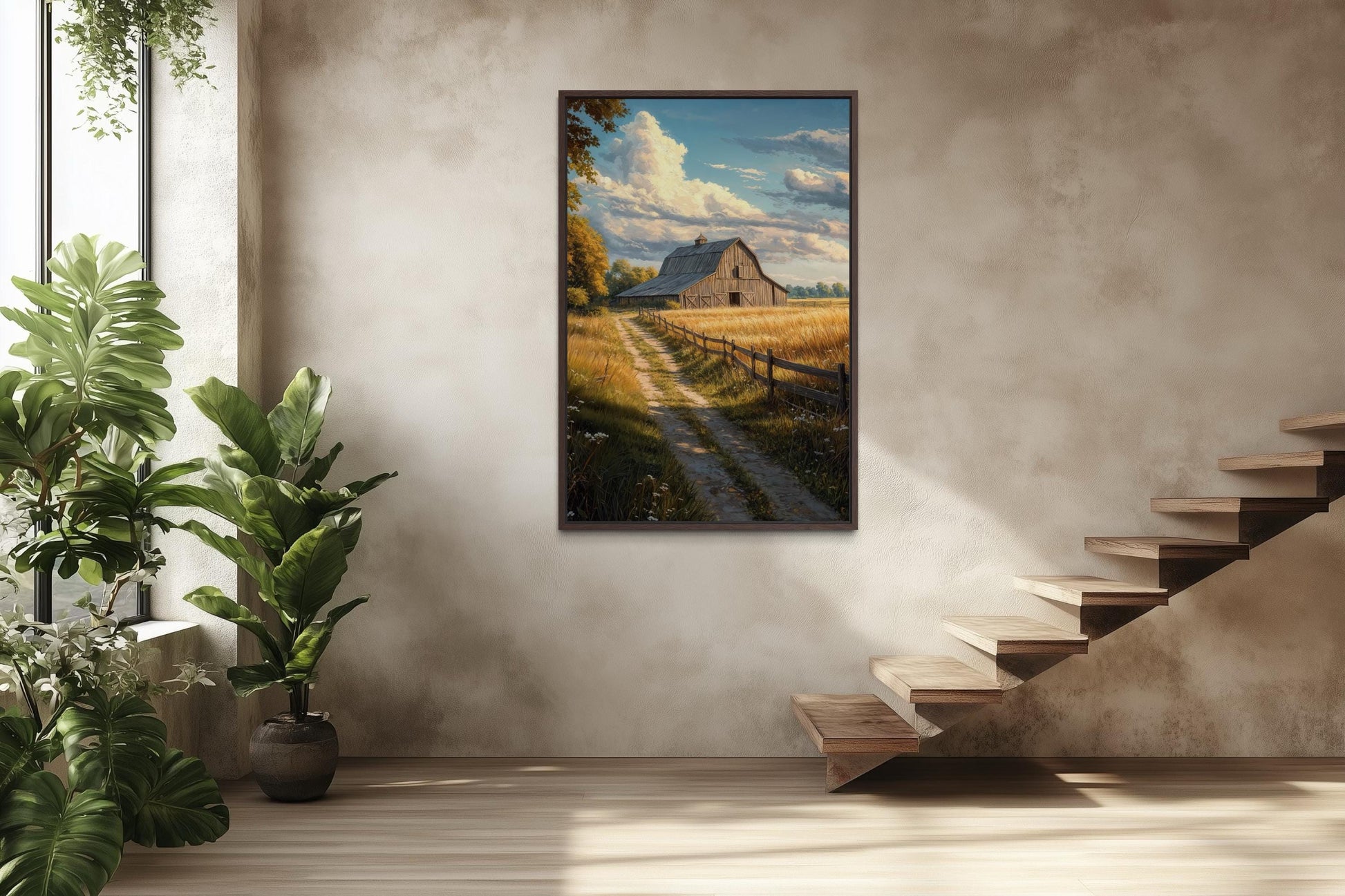 Rustic Barn Wall Art – Vertical Farmhouse Canvas Print with Golden Field Landscape