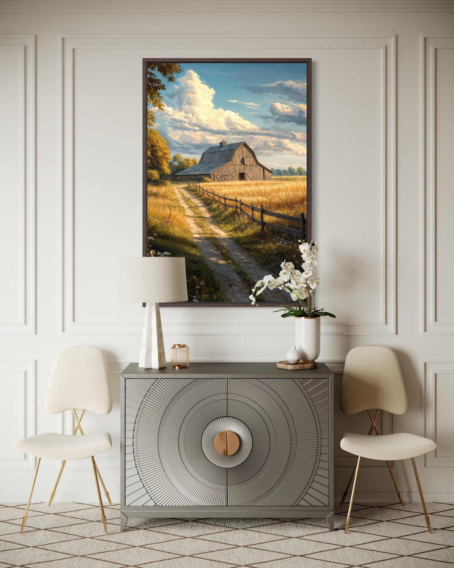 Rustic Barn Wall Art – Vertical Farmhouse Canvas Print with Golden Field Landscape