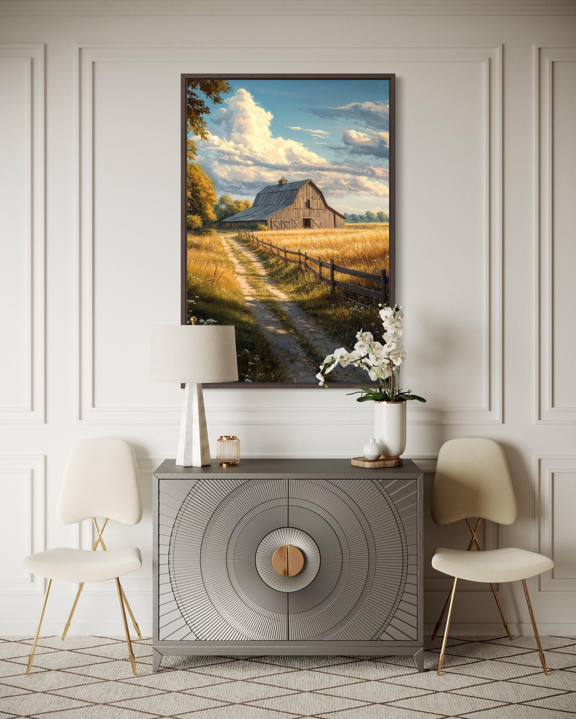 Rustic Barn Wall Art – Vertical Farmhouse Canvas Print with Golden Field Landscape