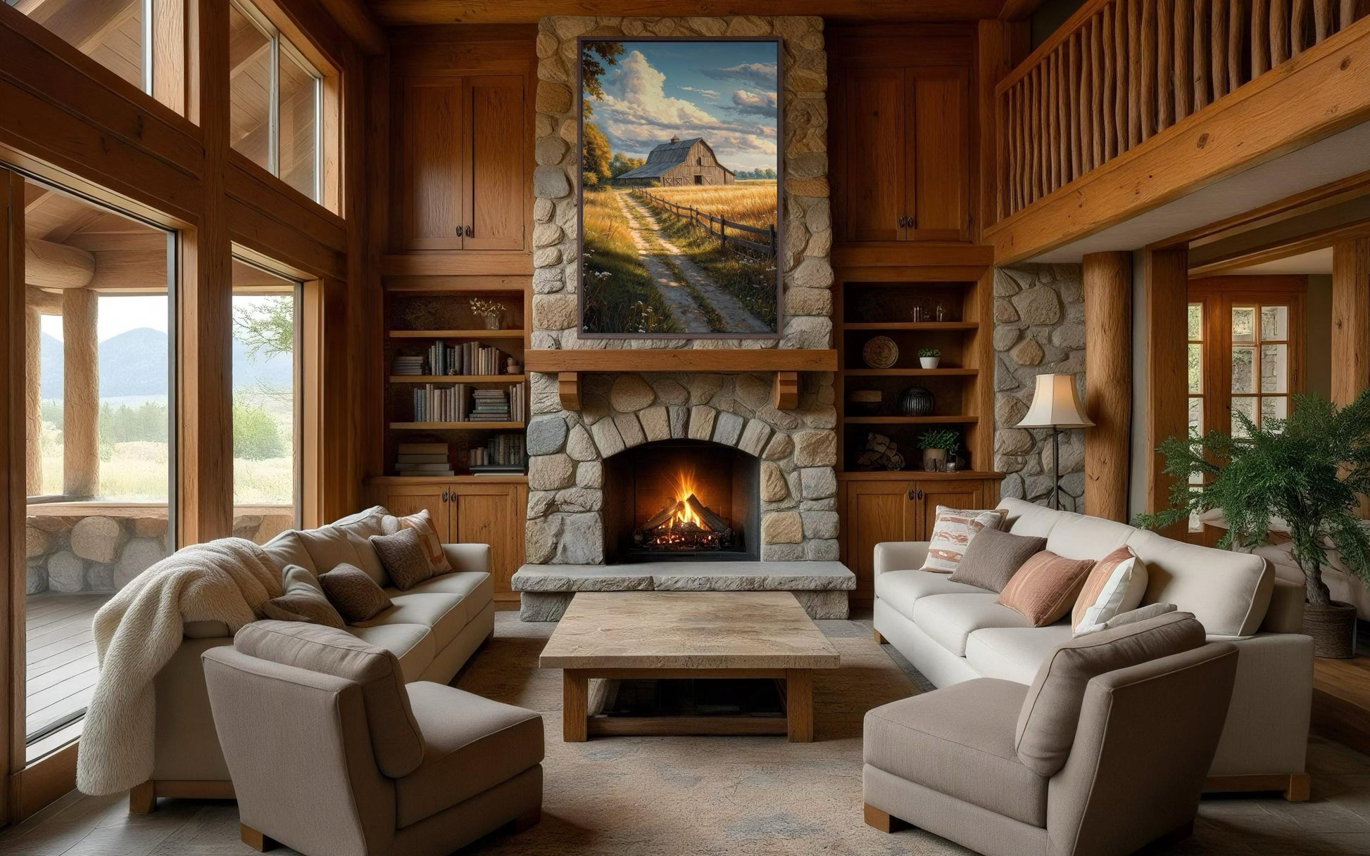 Rustic Barn Wall Art – Vertical Farmhouse Canvas Print with Golden Field Landscape
