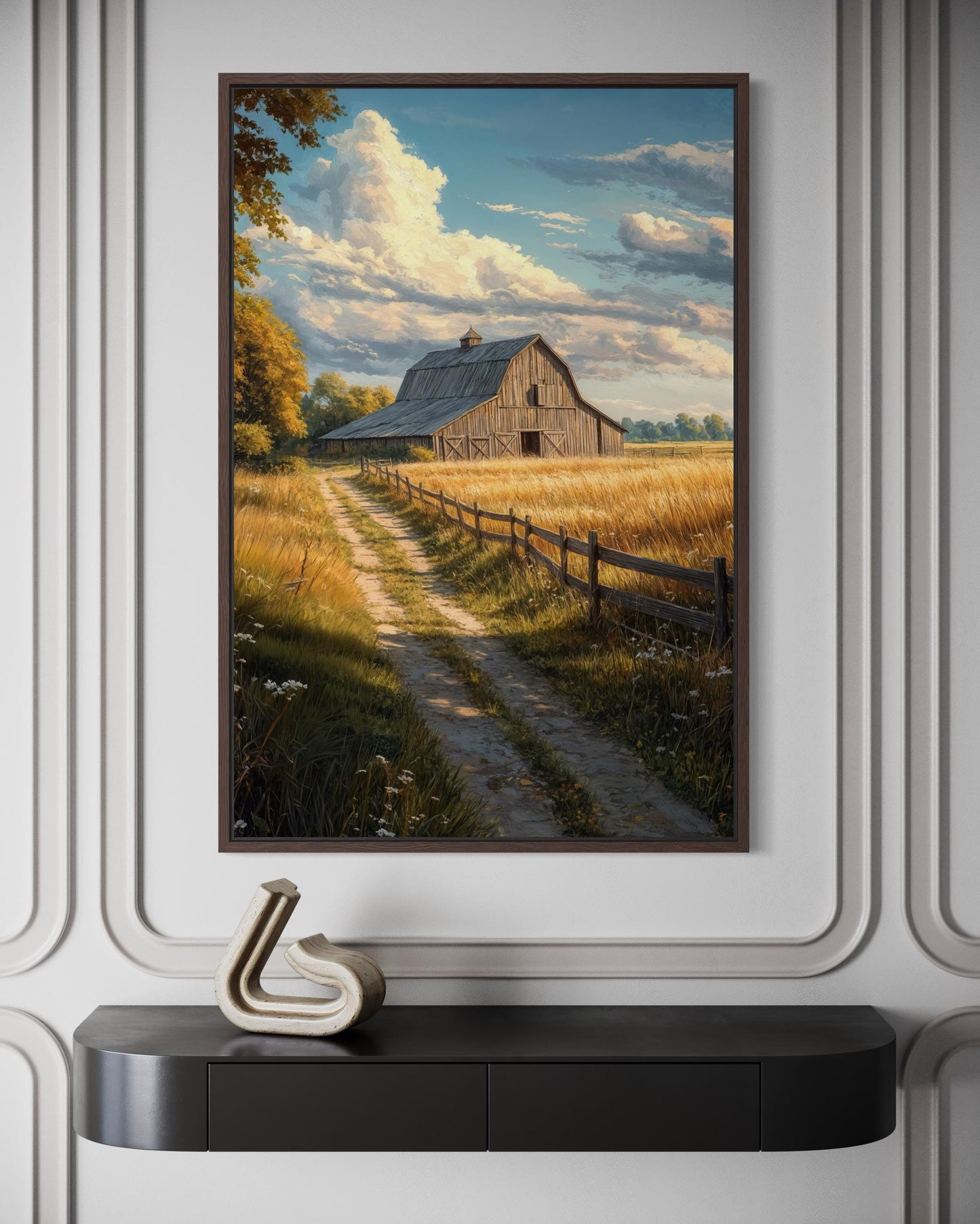 Rustic Barn Wall Art – Vertical Farmhouse Canvas Print with Golden Field Landscape