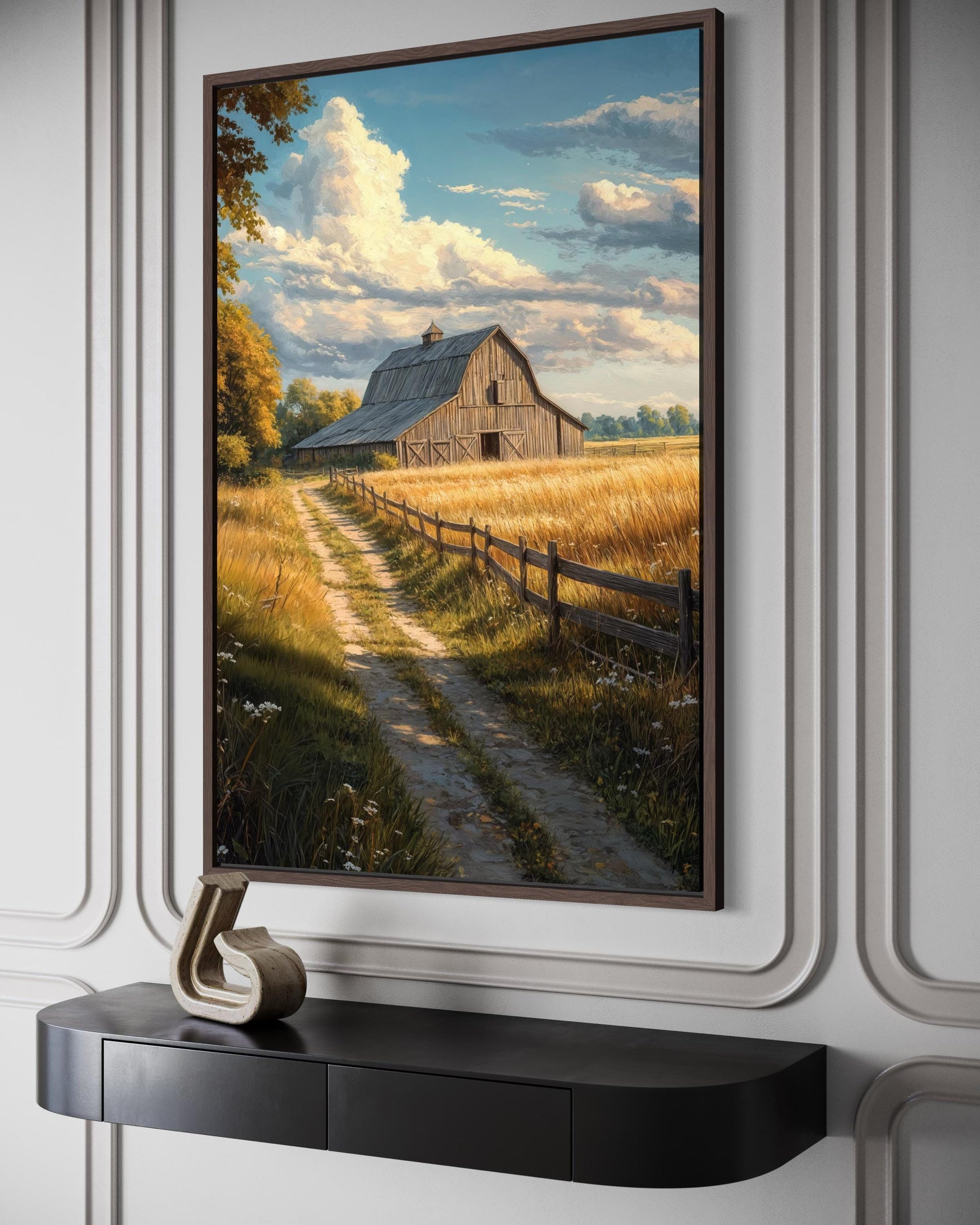 Rustic Barn Wall Art – Vertical Farmhouse Canvas Print with Golden Field Landscape