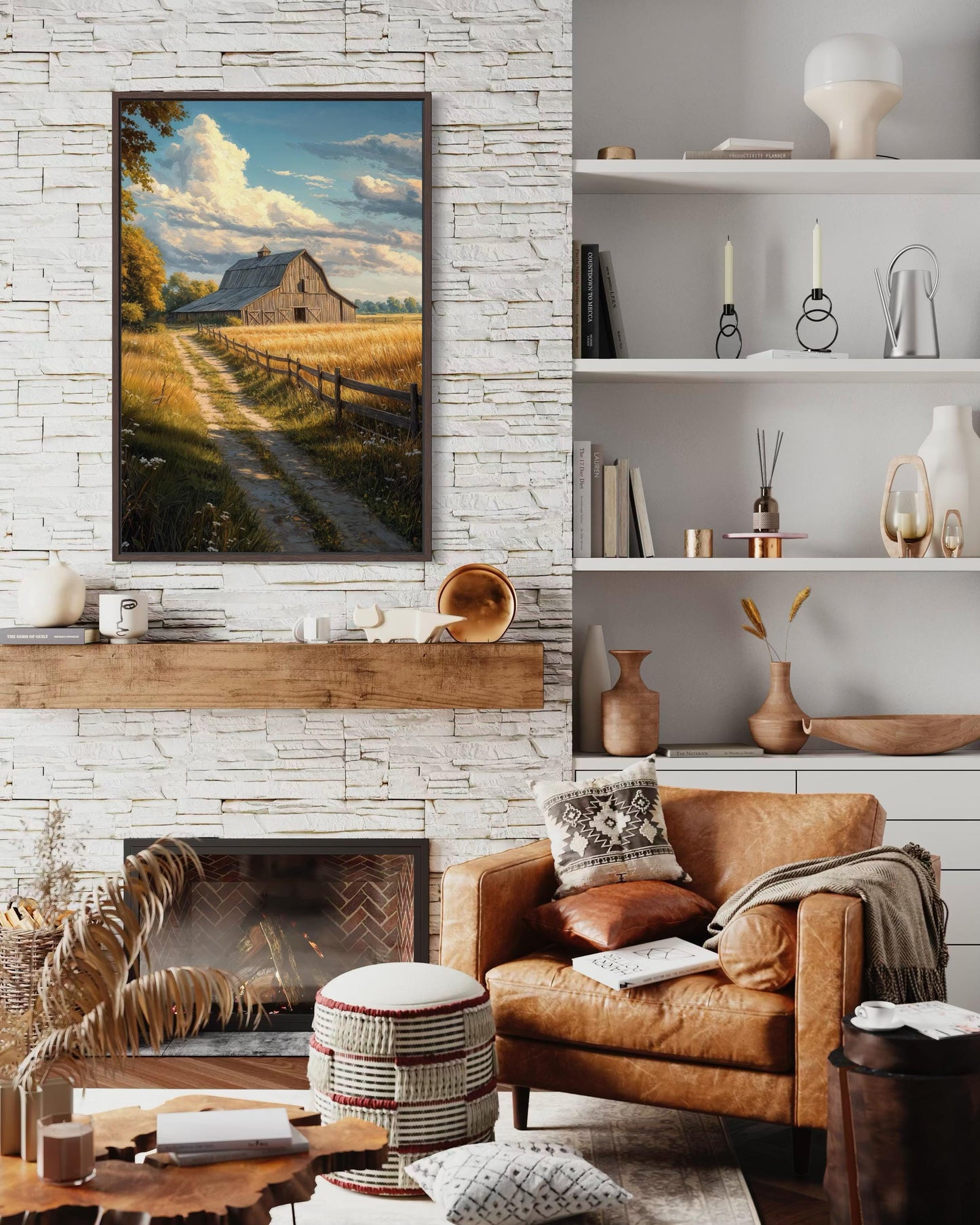 Rustic Barn Wall Art – Vertical Farmhouse Canvas Print with Golden Field Landscape
