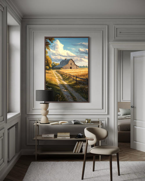 Rustic Barn Wall Art – Vertical Farmhouse Canvas Print with Golden Field Landscape
