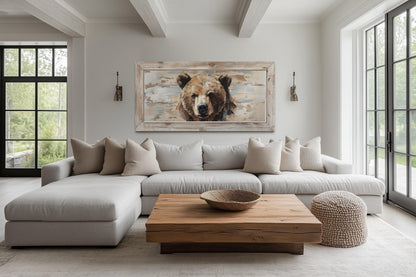 Rustic Bear Wall Art – Distressed Wood Effect Framed Canvas Print