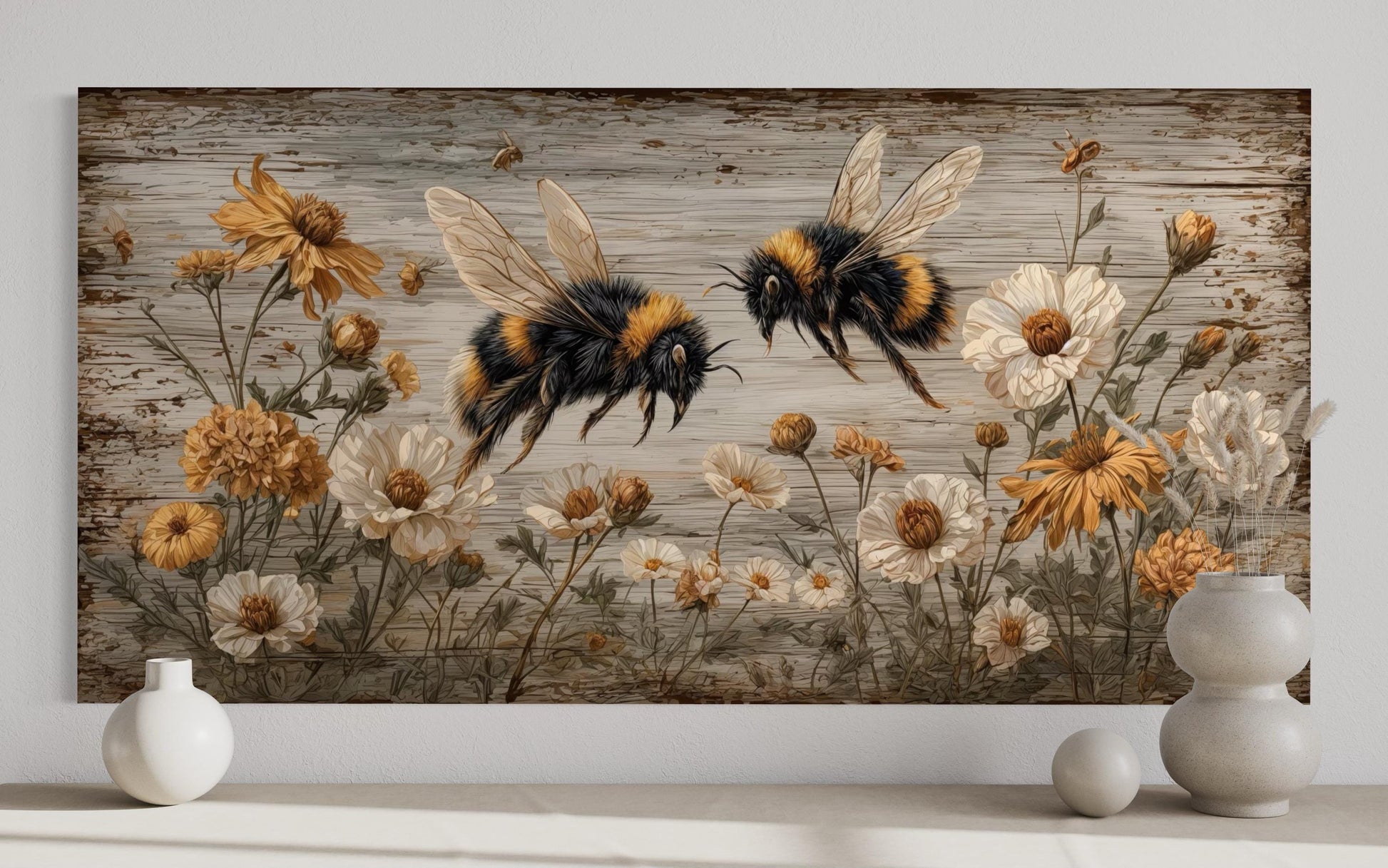 Rustic Bees and Wildflowers Canvas Wall Art