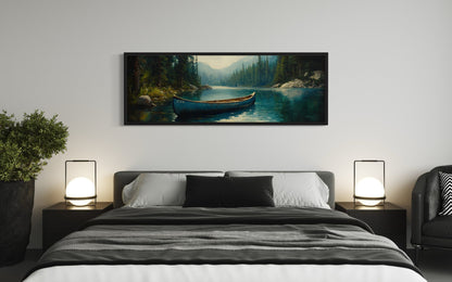 Rustic Blue Canoe In The Lake Framed Canvas Wall Art For Cabin Or Lake House Decor
