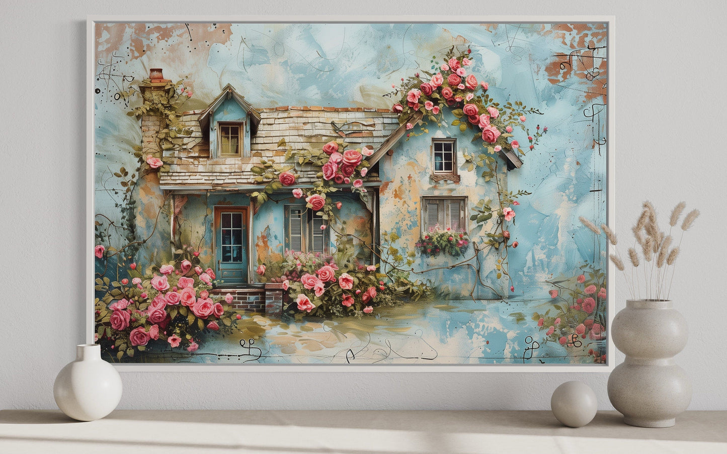 Rustic Blue Pink Floral Cottage Shabby Chic Farmhouse Wall Art