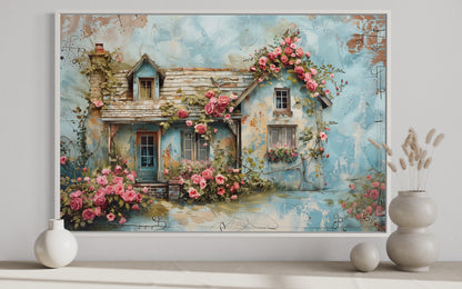 Rustic Blue Pink Floral Cottage Shabby Chic Farmhouse Wall Art
