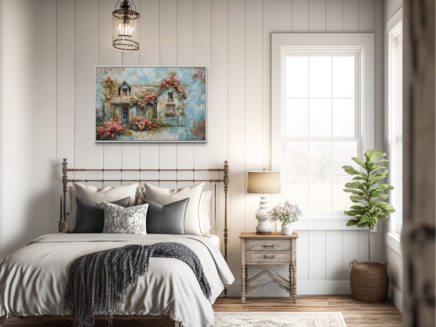 Rustic Blue Pink Floral Cottage Shabby Chic Farmhouse Wall Art