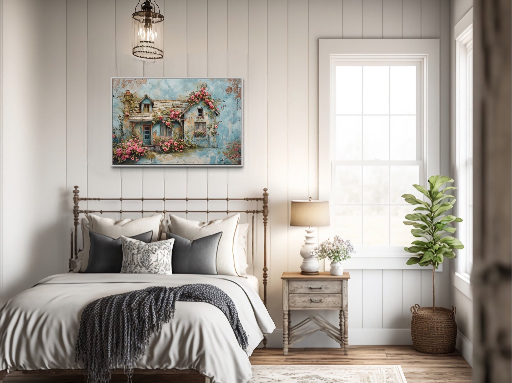 Rustic Blue Pink Floral Cottage Shabby Chic Farmhouse Wall Art