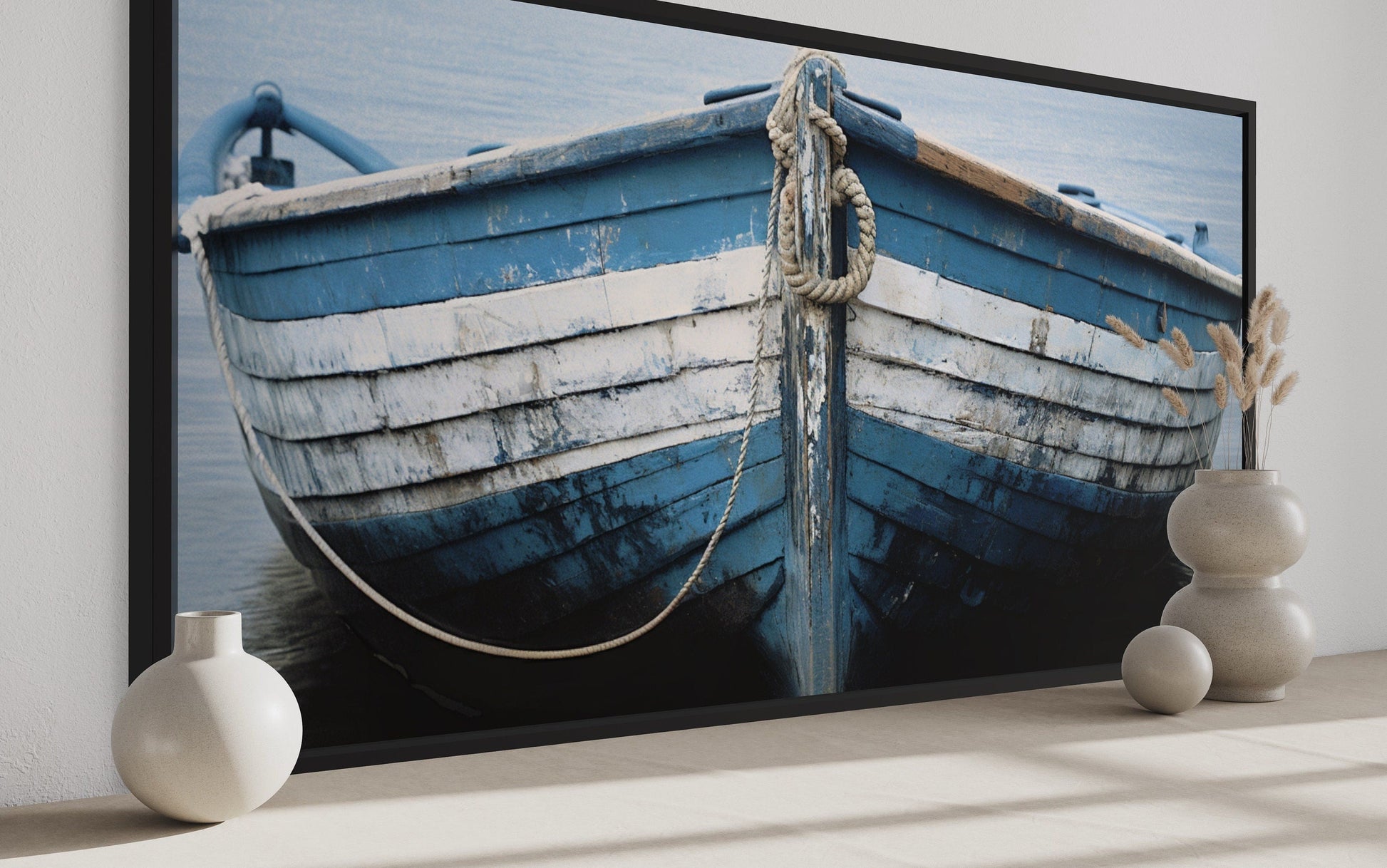 Rustic Boat Wall Art – Blue White Nautical Canvas Print for Coastal Decor