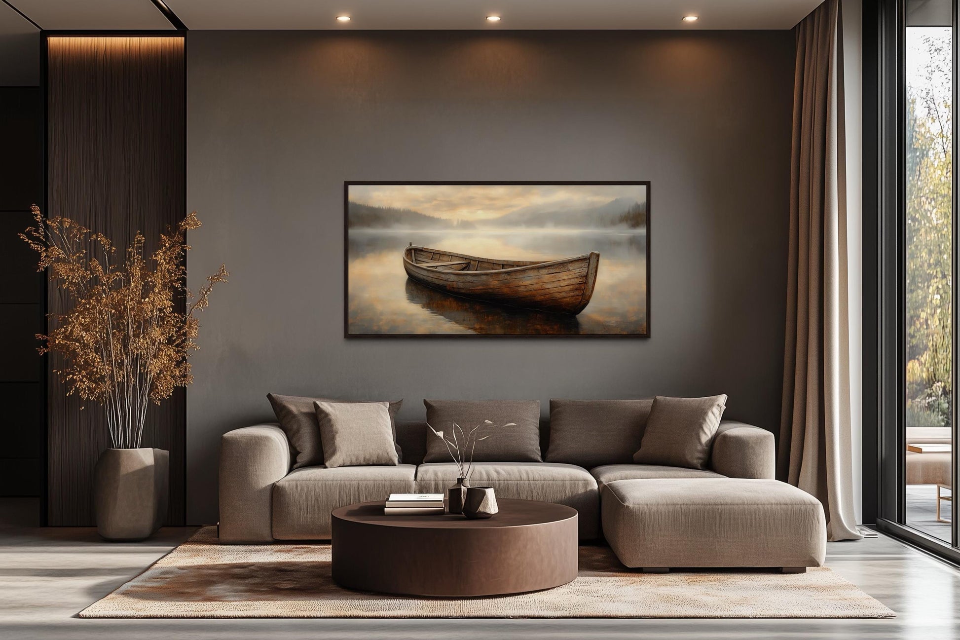 Rustic Brown Wooden Boat In The Lake Framed Canvas Wall Art