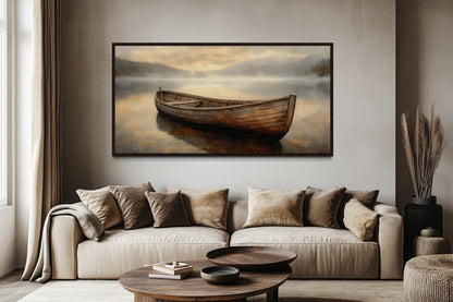 Rustic Brown Wooden Boat In The Lake Framed Canvas Wall Art