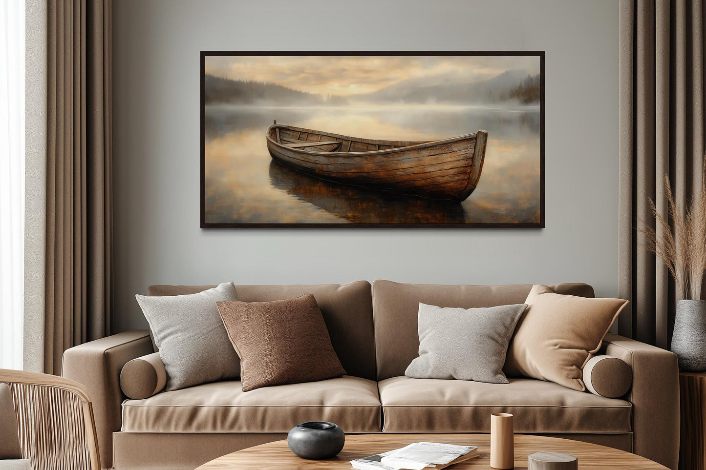 Rustic Brown Wooden Boat In The Lake Framed Canvas Wall Art