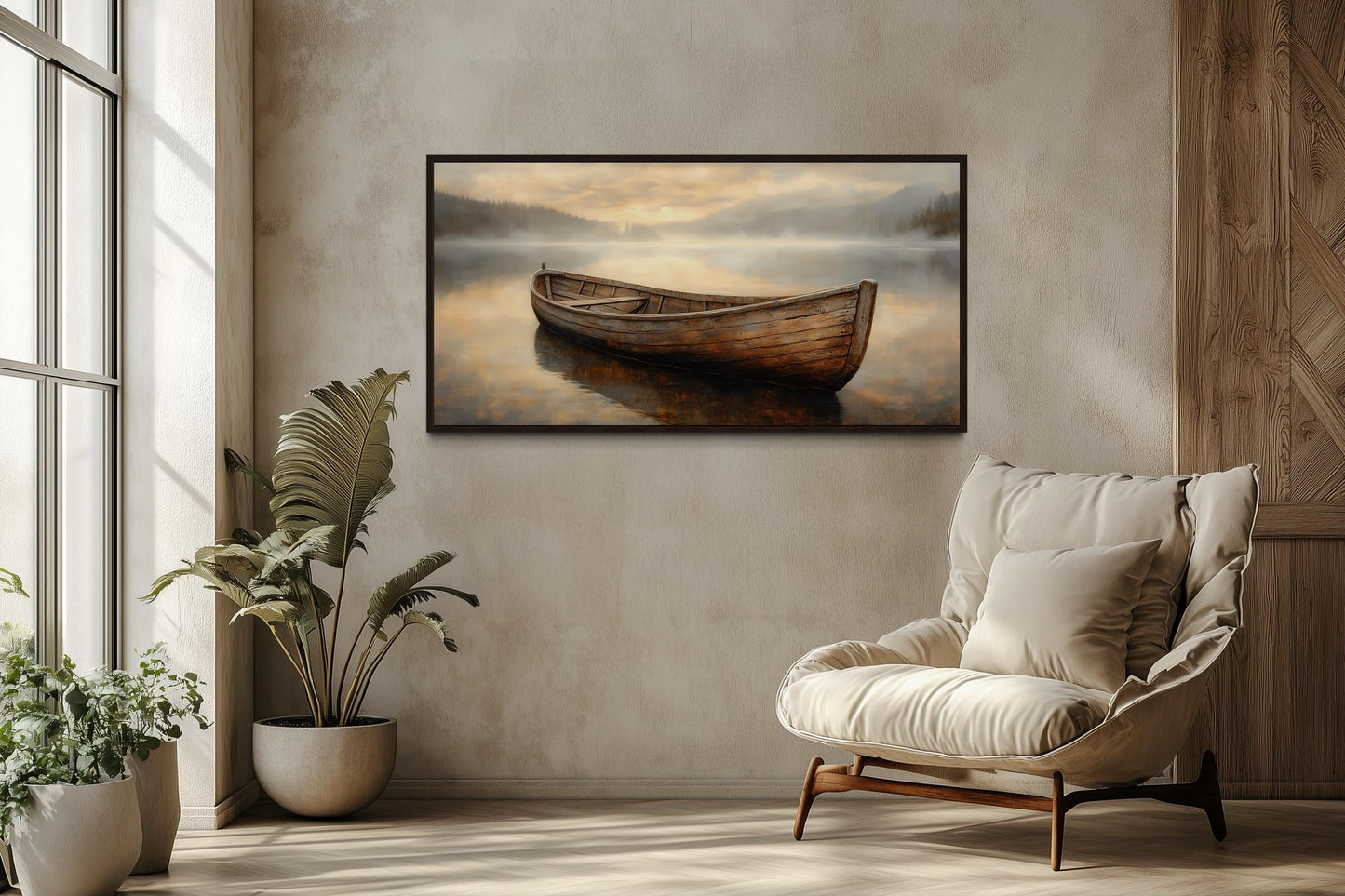 Rustic Brown Wooden Boat In The Lake Framed Canvas Wall Art
