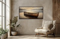 Rustic Brown Wooden Boat In The Lake Framed Canvas Wall Art