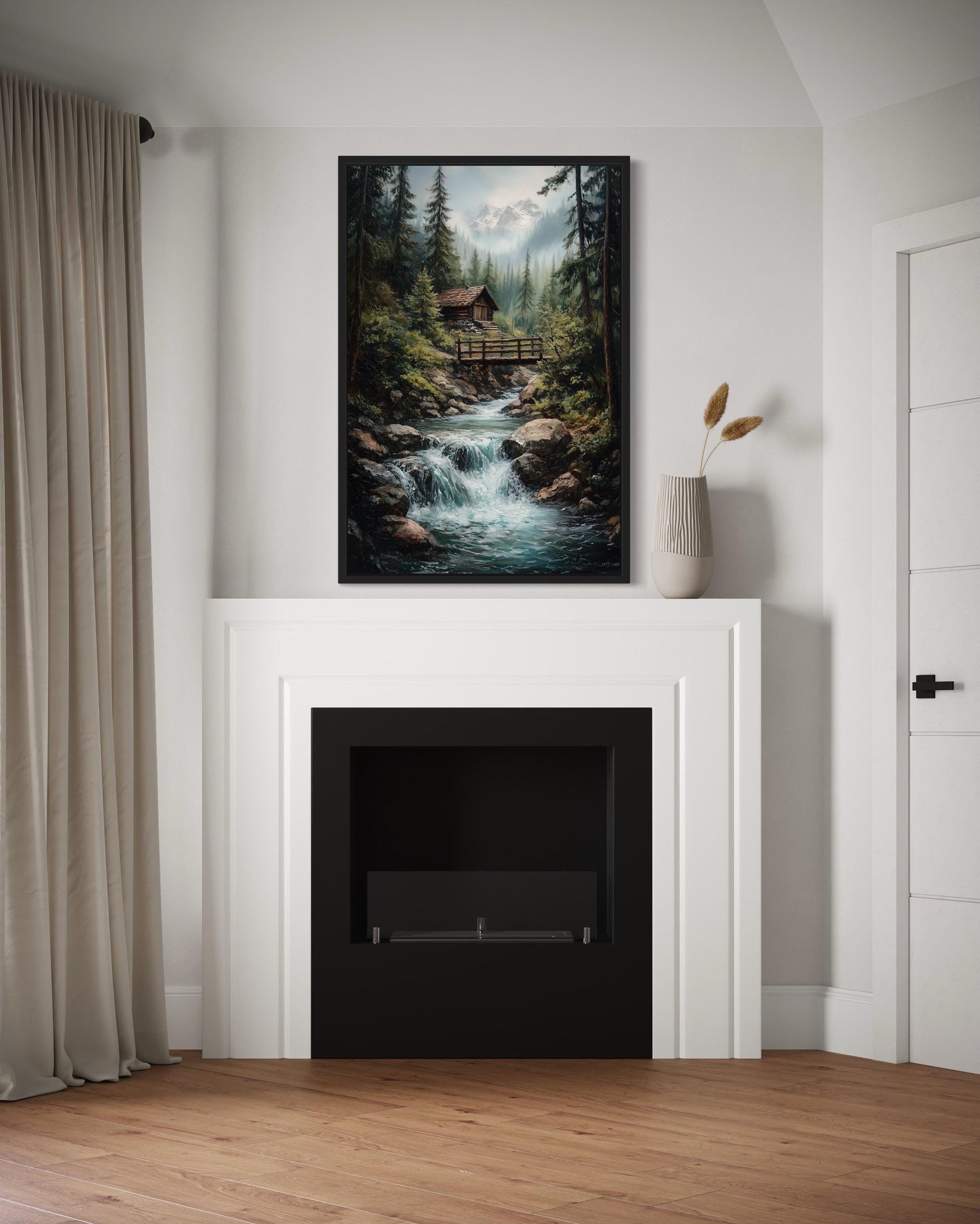 Rustic Cabin in The Woods With Waterfall Canvas Wall Art