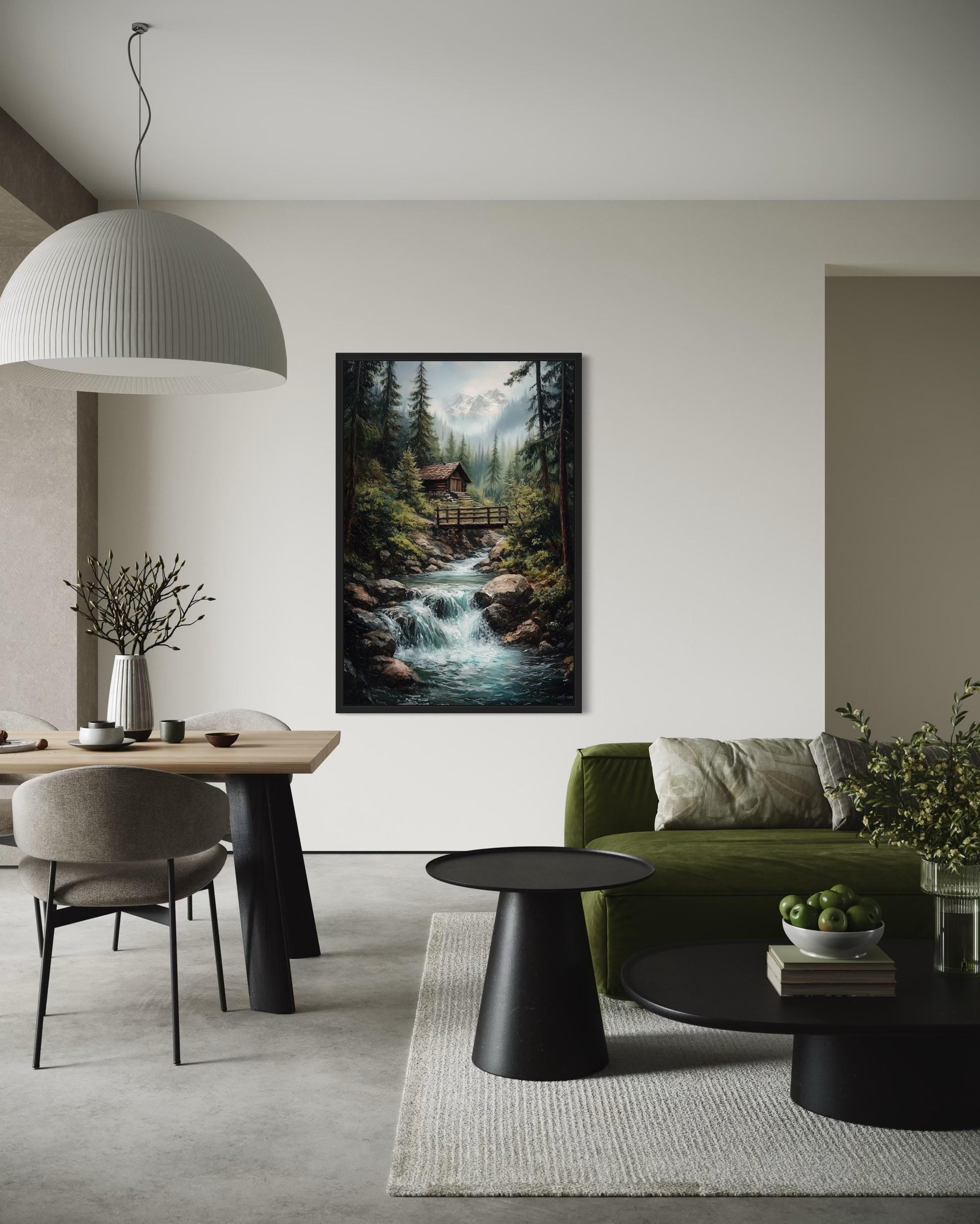 Rustic Cabin in The Woods With Waterfall Canvas Wall Art