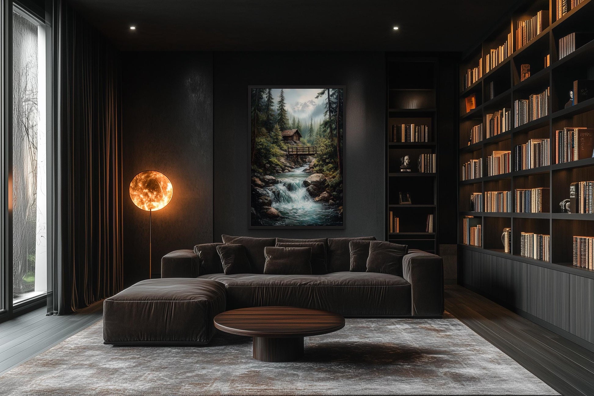 Rustic Cabin in The Woods With Waterfall Canvas Wall Art