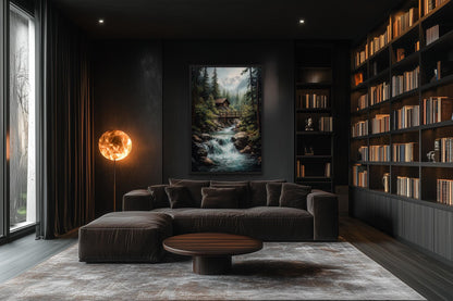 Rustic Cabin in The Woods With Waterfall Canvas Wall Art