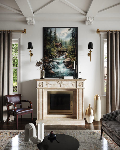 Rustic Cabin in The Woods With Waterfall Canvas Wall Art