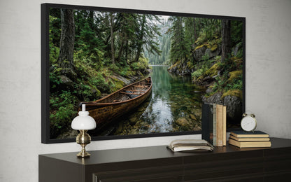 Rustic Canoe In Forest River Canvas Wall Art