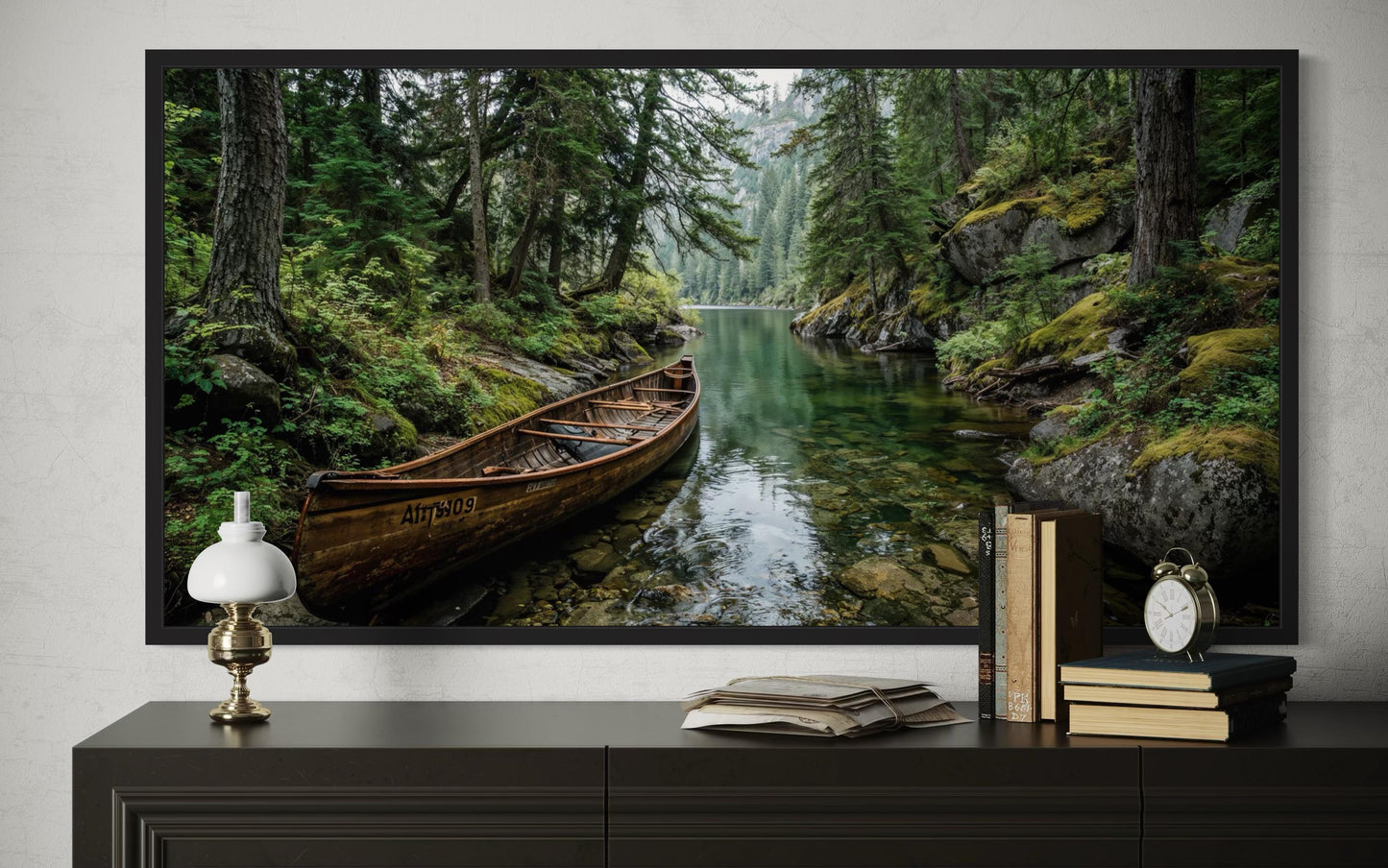 Rustic Canoe In Forest River Canvas Wall Art