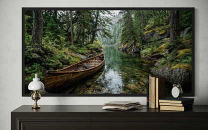 Rustic Canoe In Forest River Canvas Wall Art