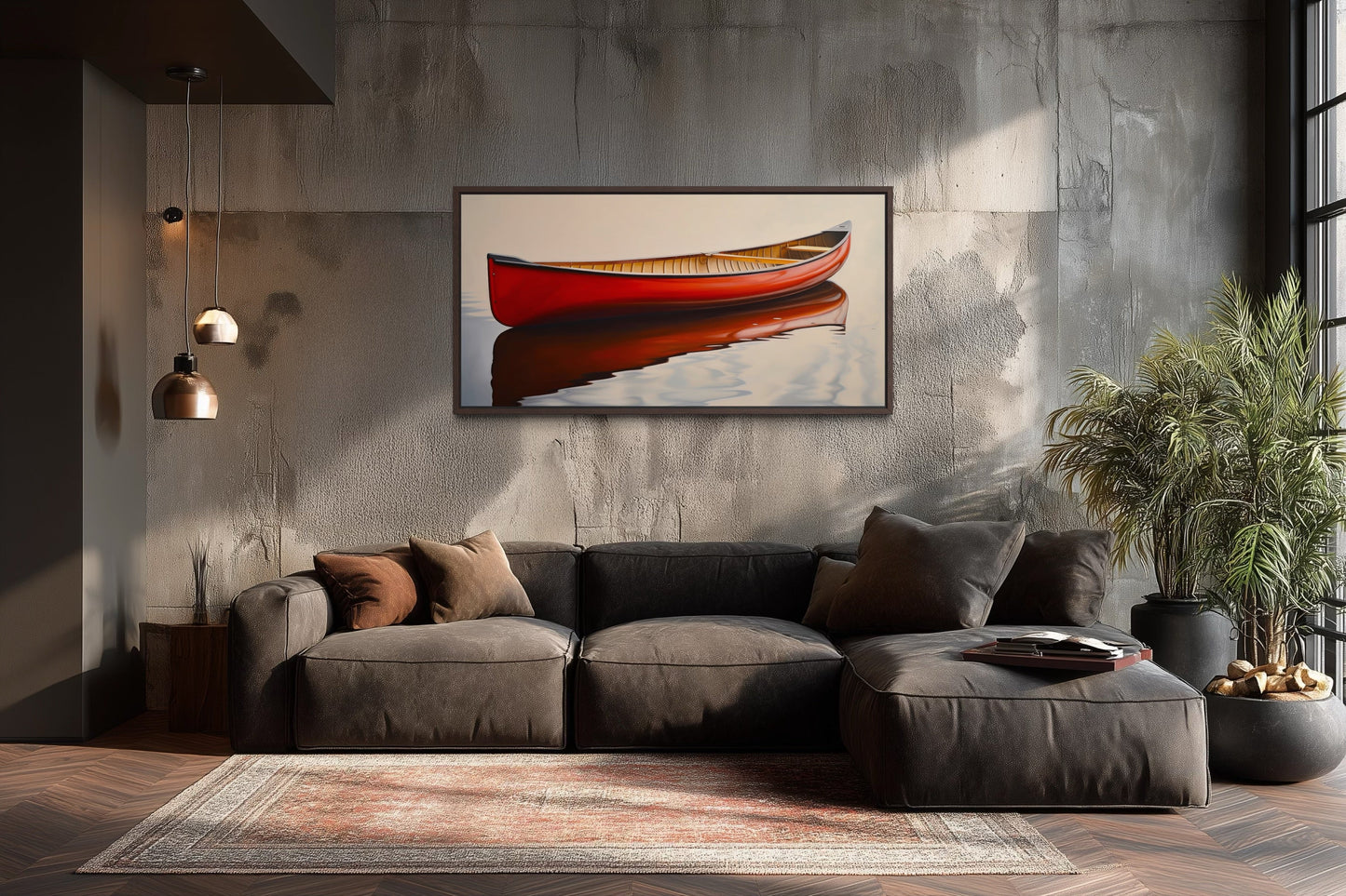 Rustic Red Canoe Wall Art – Framed Canvas Print For Cabin Wall Decor