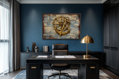 Rustic Compass and Anchor On Blue Wood Canvas Wall Art For Nautical Decor