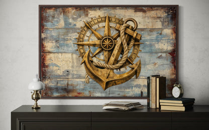 Rustic Compass and Anchor On Blue Wood Canvas Wall Art For Nautical Decor