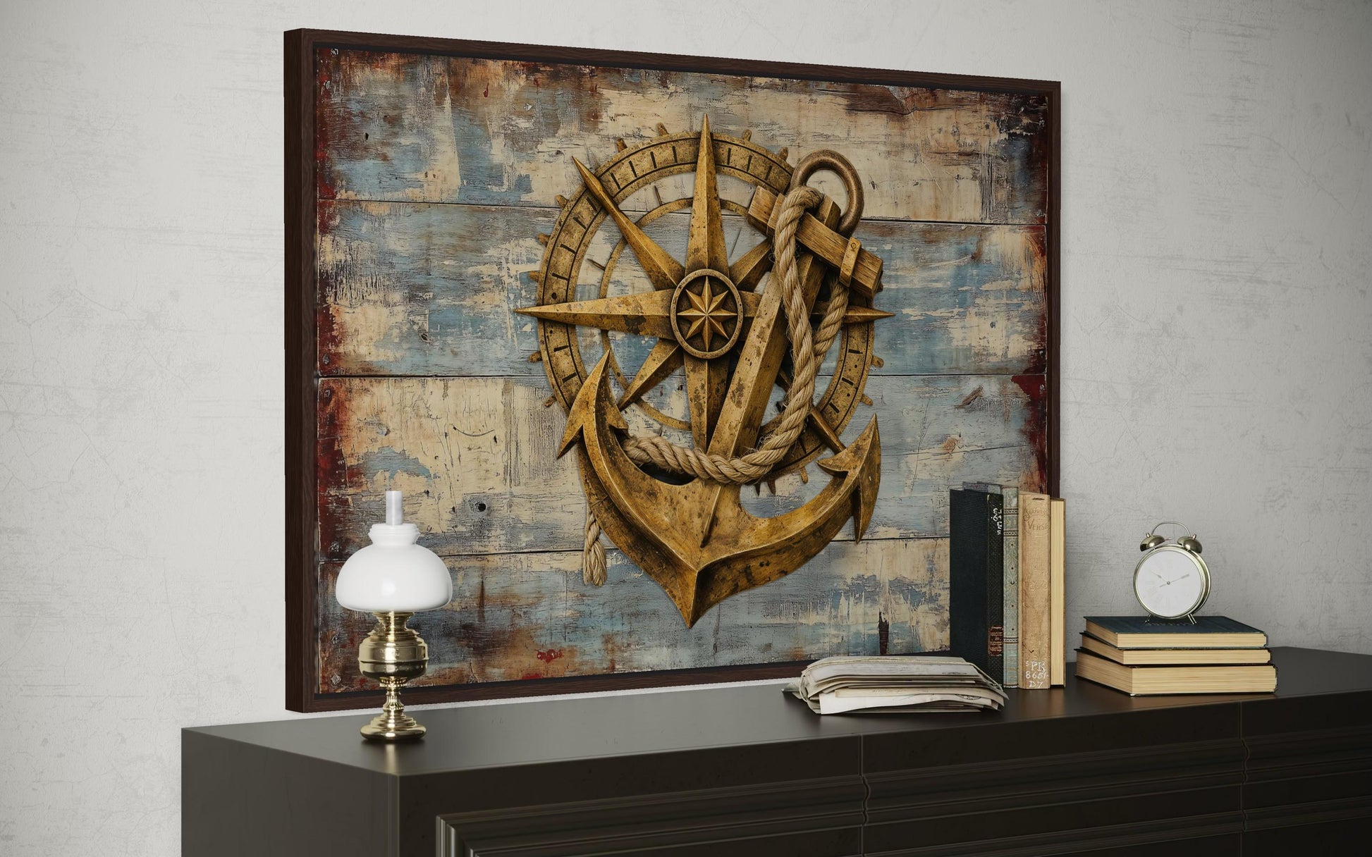 Rustic Compass and Anchor On Blue Wood Canvas Wall Art For Nautical Decor