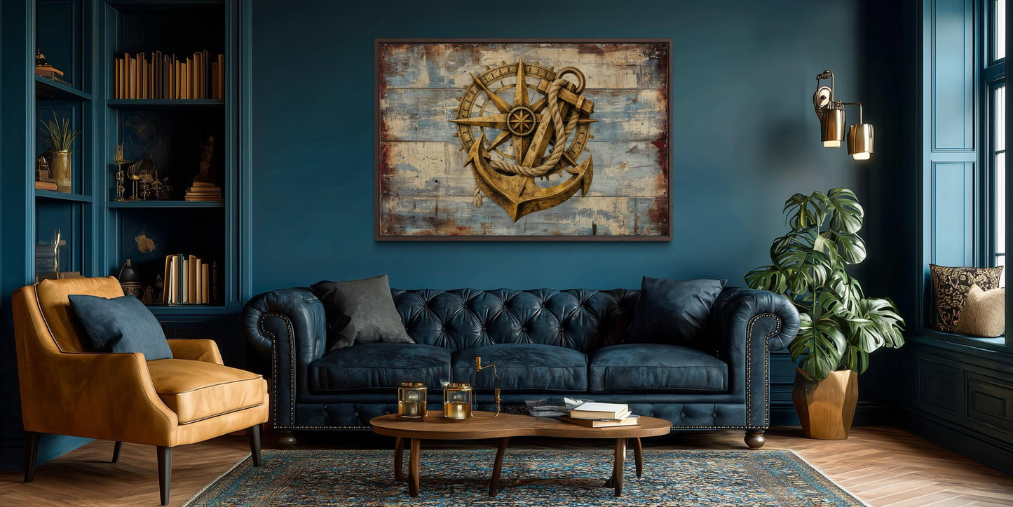 Rustic Compass and Anchor On Blue Wood Canvas Wall Art For Nautical Decor