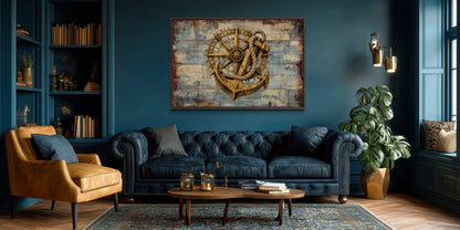 Rustic Compass and Anchor On Blue Wood Canvas Wall Art For Nautical Decor