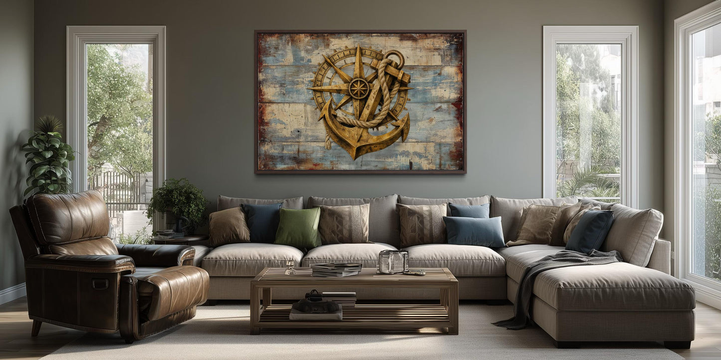 Rustic Compass and Anchor On Blue Wood Canvas Wall Art For Nautical Decor