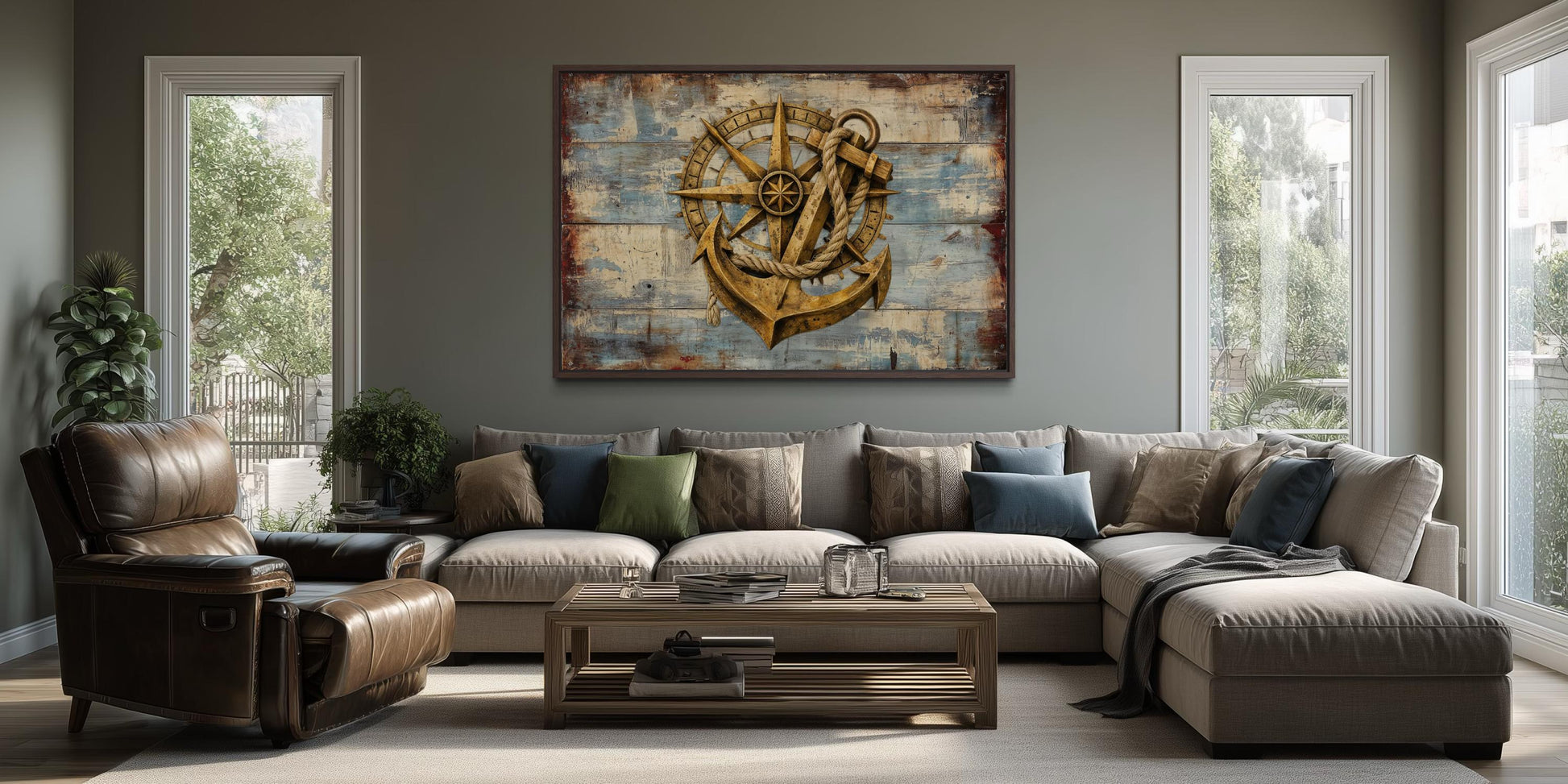 Rustic Compass and Anchor On Blue Wood Canvas Wall Art For Nautical Decor