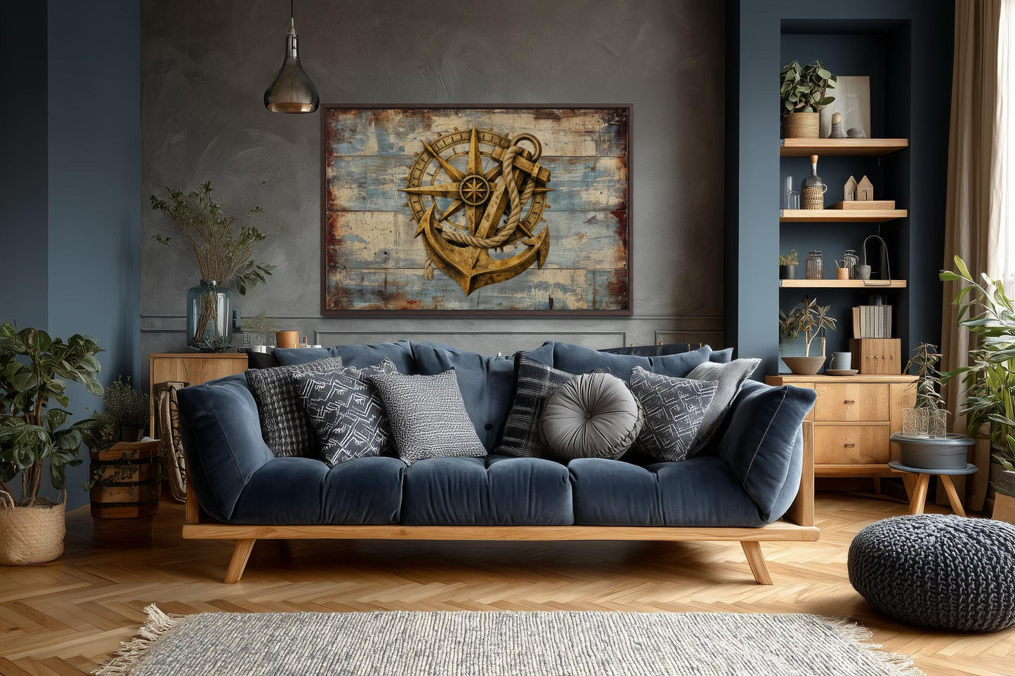 Rustic Compass and Anchor On Blue Wood Canvas Wall Art For Nautical Decor