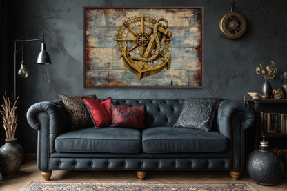 Rustic Compass and Anchor On Blue Wood Canvas Wall Art For Nautical Decor