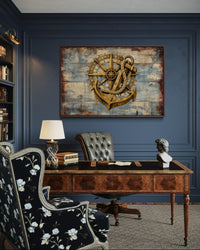 Rustic Compass and Anchor On Blue Wood Canvas Wall Art For Nautical Decor