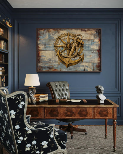 Rustic Compass and Anchor On Blue Wood Canvas Wall Art For Nautical Decor
