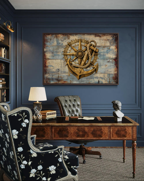 Rustic Compass and Anchor On Blue Wood Canvas Wall Art For Nautical Decor
