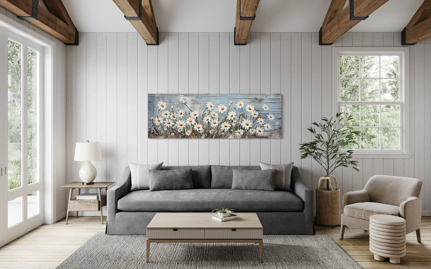 Rustic White Wildflowers Daisies Painted on Wood Long Horizontal Wall Art Above Bed