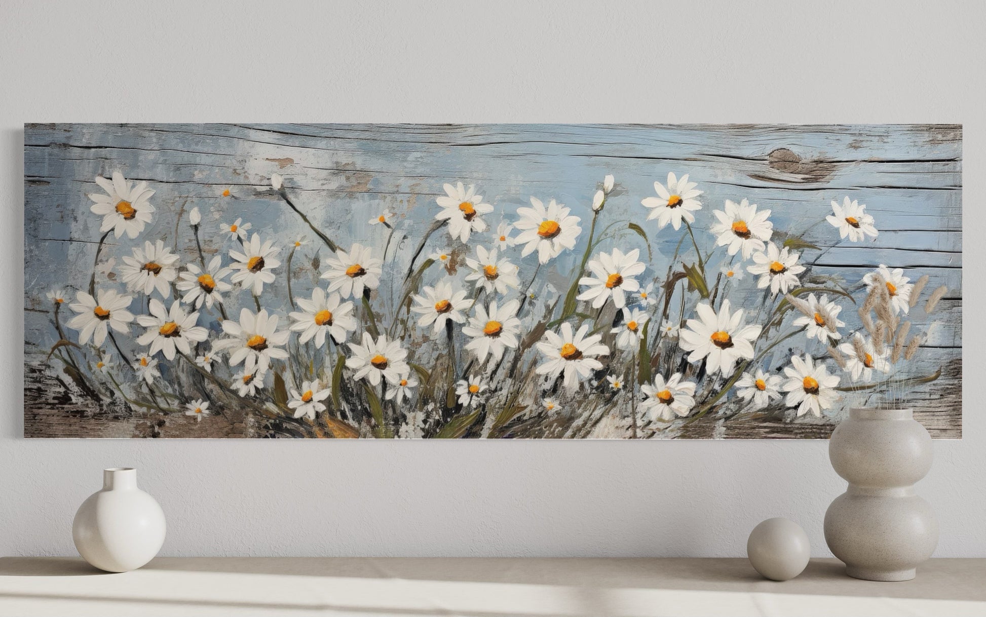 Rustic White Wildflowers Daisies Painted on Wood Long Horizontal Wall Art Above Bed