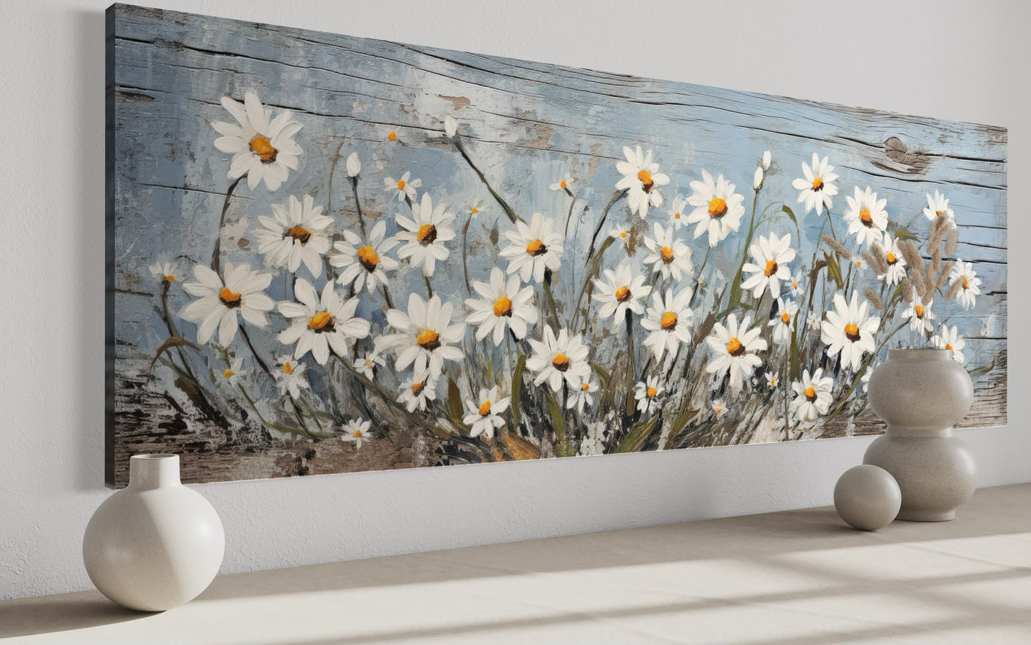 Rustic White Wildflowers Daisies Painted on Wood Long Horizontal Wall Art Above Bed