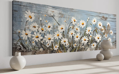 Rustic White Wildflowers Daisies Painted on Wood Long Horizontal Wall Art Above Bed